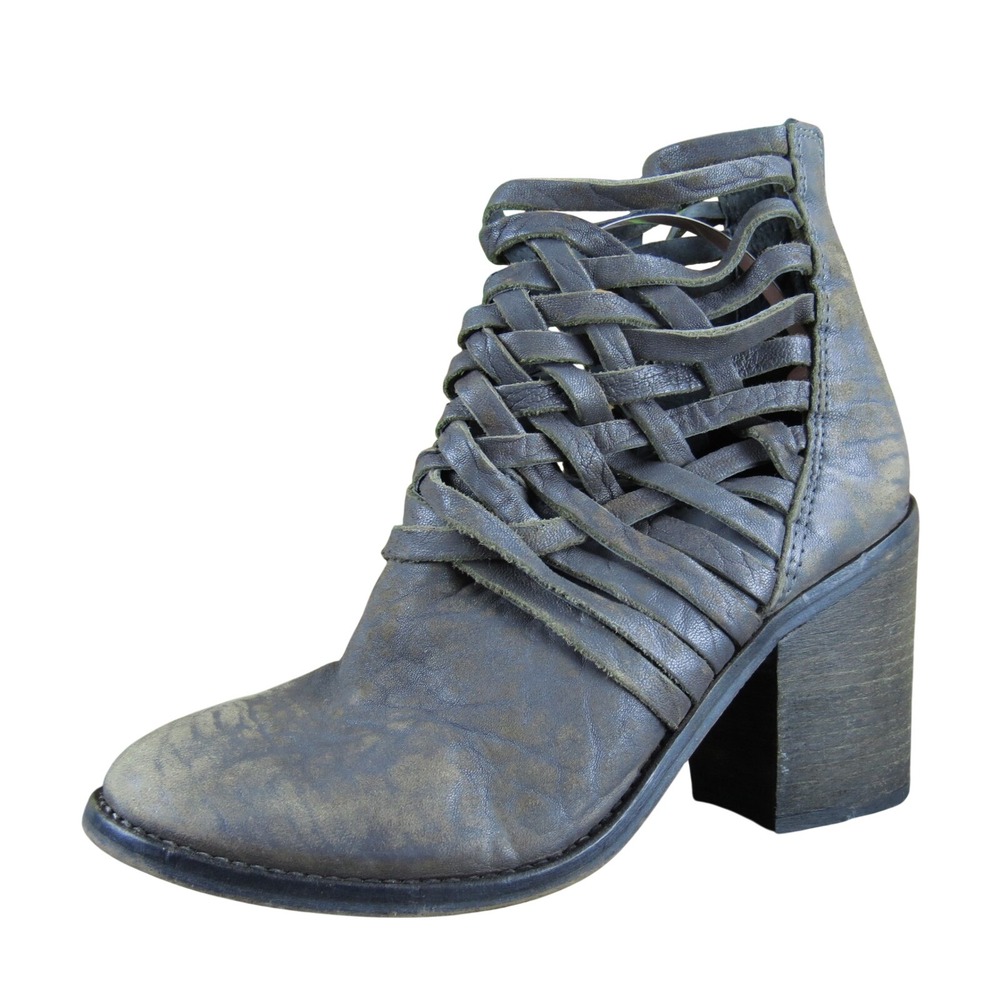Free People Carrera Women's 37 Brown Leather Cutout Heeled Booties Boho Dressy